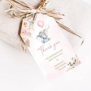 Editable Boho Elephant Baby Shower Favor Tags, Girl Pink Elephant Baby Shower Gift Tag, Pink Floral Pampas Grass Shower Thank You Tags, 0619 image 3