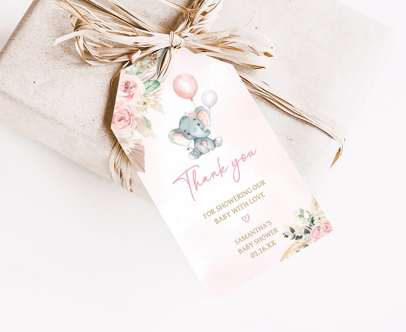 Editable Boho Elephant Baby Shower Favor Tags, Girl Pink Elephant Baby Shower Gift Tag, Pink Floral Pampas Grass Shower Thank You Tags, 0619 image 3