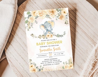 Puede incluir: Una invitación a una baby shower con un diseño floral amarillo y blanco. La invitación presenta un lindo elefante gris con una corona de flores amarillas. El texto de la invitación dice "Por favor, únase a nosotros para una baby shower en honor a la futura mamá Samantha Smith Sábado 27 de mayo a las 3:00 PM 2023 Residencia Smith 123 Peanut Rd, Texas 0021 RSVP a Amelia al 123.456.7800 Registrado en Target"