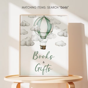 Balão de ar quente verde para chá de bebê, livros e placas para presentes, aventura aguarda placas para presentes de chá de bebê, placas de mesa de viagem neutras de gênero, 0646