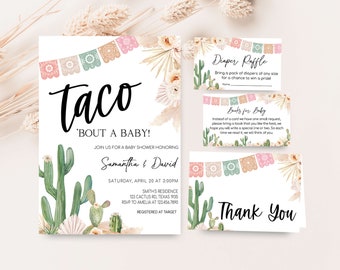 May include: A baby shower invitation with a cactus and taco theme. The invitation says "Taco 'Bout A Baby!" and includes the names Samantha and David, the date and time of the shower, and the address. There are also cards for a diaper raffle and a book request.