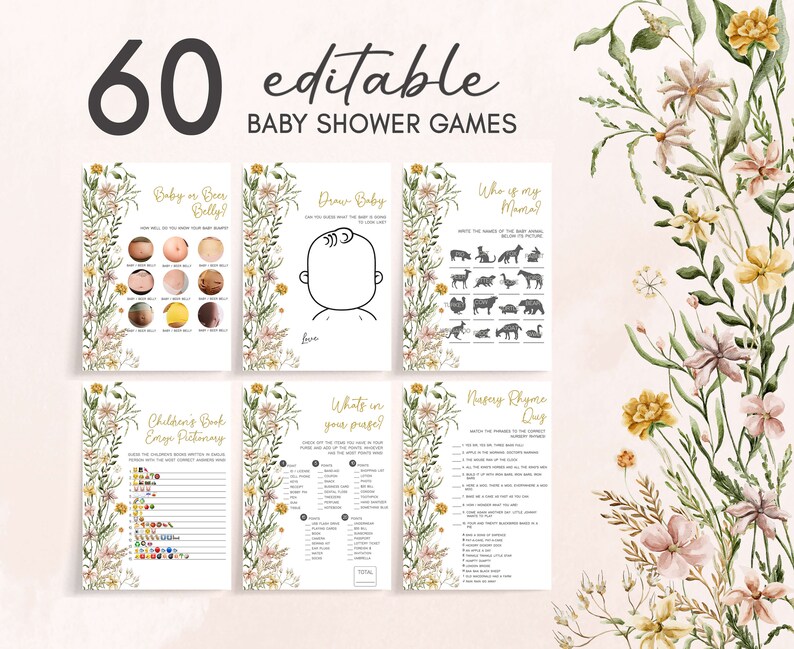 Editable Baby in Bloom Garden Baby Shower Games Bundle, Wildflower Spring Baby Shower Game Pack, Baby in Bloom Floral Baby Shower Game, 0685 image 1