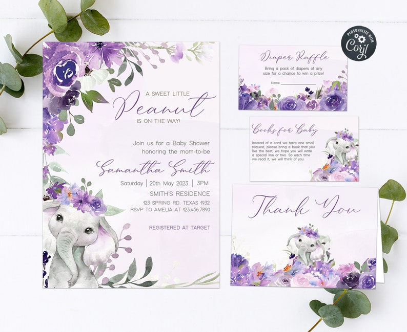Editable Purple Elephant Baby Shower Invitation Set Lavender Etsy