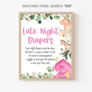 Late Night Diapers Sign Girl Farm Animals Baby Shower Pink Farm Baby Shower Diaper Thoughts Sign Girl Barnyard Decor Printable Template 0191