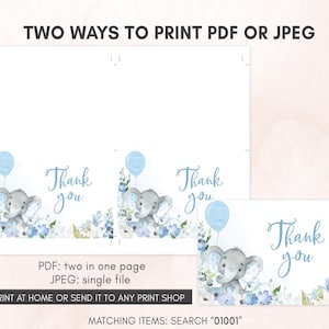 a pair of thank cards with a picture of a baby elephant holding a blue balloon