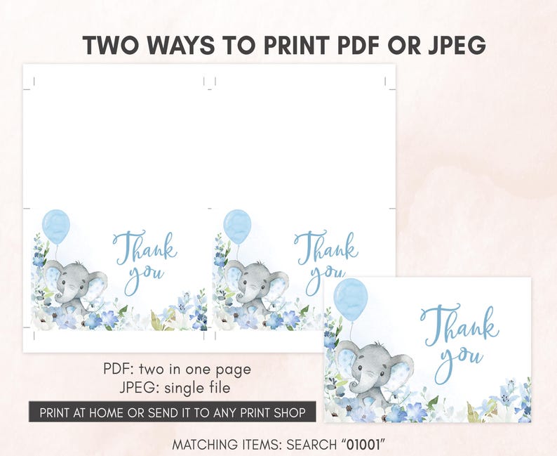 a pair of thank cards with a picture of a baby elephant holding a blue balloon