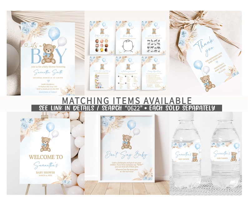 Editable Blue Pampas Grass Boy Boho Bear Baby Shower Games Bundle, We Can Bearly Wait Baby Shower Game Pack, Brown Bear Balloon Games, 0622 image 2