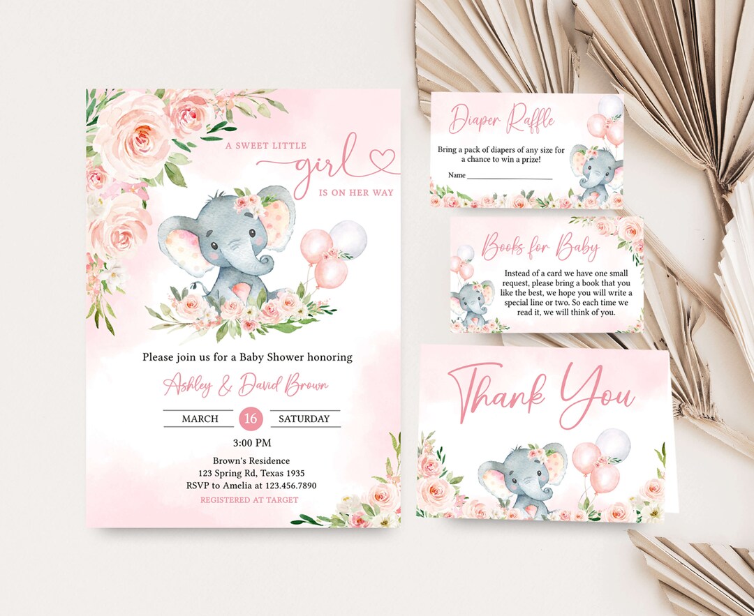 Editable Pink Elephant Baby Shower Invitation Bundle, Girl Elephant ...