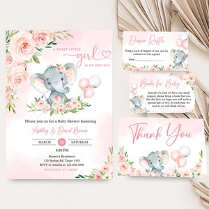 Editable Pink Elephant Baby Shower Invitation Bundle, Girl Elephant Balloon Baby Shower Invite Set, Pink Balloon Girl Baby Shower, 0615