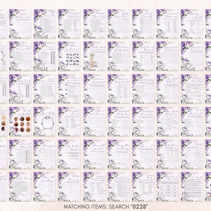 May include: A set of 36 printable baby shower game cards featuring a floral design with purple and white flowers. The cards include games like "Who Knows Mommy Best?", "Baby Word Scramble", "Guess the Baby Food", and "Baby Trivia".