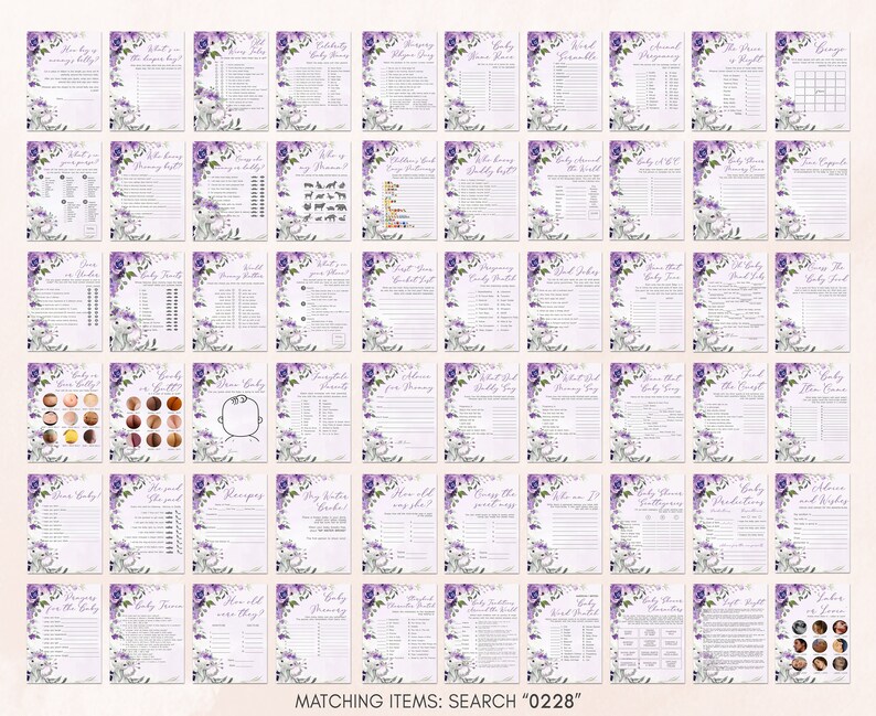 May include: A set of 36 printable baby shower game cards featuring a floral design with purple and white flowers. The cards include games like "Who Knows Mommy Best?", "Baby Word Scramble", "Guess the Baby Food", and "Baby Trivia".