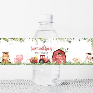 Etichette per bottiglie modificabili per baby shower in fattoria Red Barnyard Baby Shower Avvolgimenti per acqua Animali da fattoria Etichetta per acqua Genere neutro Modello stampabile 0318