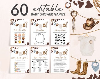 Editable Cowboy Baby Shower Games Bundle, Wild West Rodeo Baby Shower Game Pack, A Little Cowboy Western Country Baby Shower Games, 0722