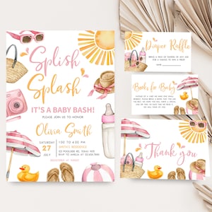 Editable Splish Splash Baby Bash Baby Shower Invitation Bundle, Pink Beach Baby Shower Invite Set, Girl Beach Summer Baby Shower Invite 0745