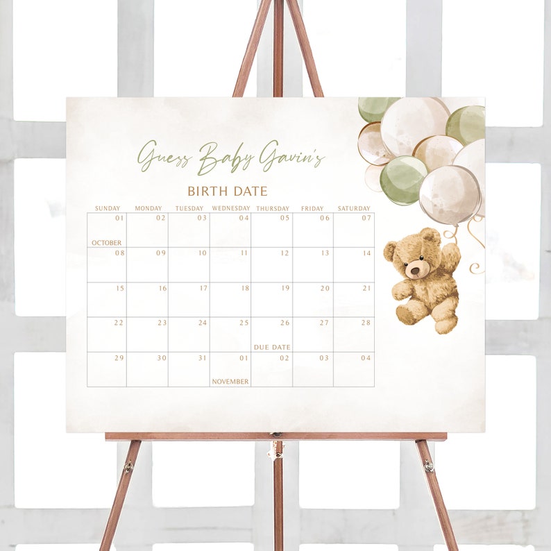 Editable Gender Neutral Bear Baby Shower Due Date Calendar, We Can Bearly Wait Baby Shower Calendar, Green Balloon Bear Baby Shower, 0526 image 1