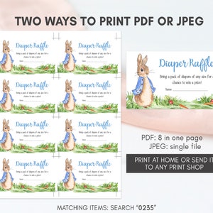 May include: Printable diaper raffle tickets featuring a watercolor illustration of Peter Rabbit in a blue jacket. The text on the tickets reads "Diaper Raffle" and "Bring a pack of diapers of any size for a chance to win a prize!"
