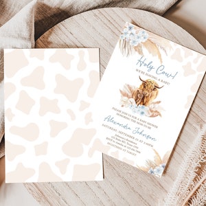 May include: A baby shower invitation with a watercolor illustration of a highland cow and the text "Holy Cow! We're having a baby!" The invitation is decorated with blue and beige flowers and leaves.