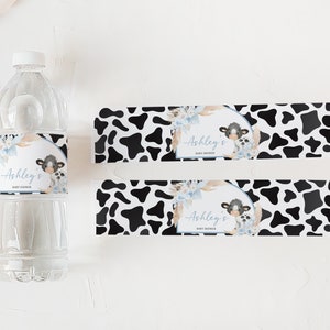 Editable Boy Holy Cow Baby Shower Bottle Label, Blue Highland Cow Baby Shower Water Labels, Bohemian Floral Farm Water Bottle Stickers, 0663 image 3