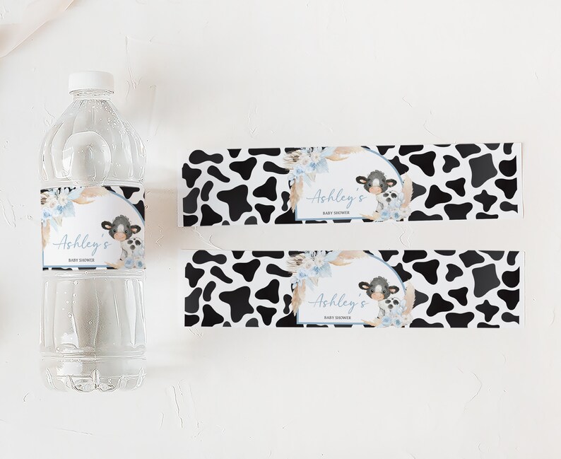 Editable Boy Holy Cow Baby Shower Bottle Label, Blue Highland Cow Baby Shower Water Labels, Bohemian Floral Farm Water Bottle Stickers, 0663 image 3