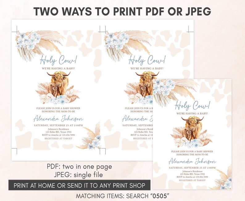 Editable Boho Highland Cow Baby Shower Invitation, Blue Holy Cow Baby Shower Invite, Boy Highland Cow Boho Baby Shower Invite Template, 0505 image 3