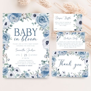 Editable Blue Baby in Bloom Baby Shower Invitation Bundle, Boy Spring Flowers Baby Shower Invite Set, Dusty Blue Wildflower Baby Shower 0710