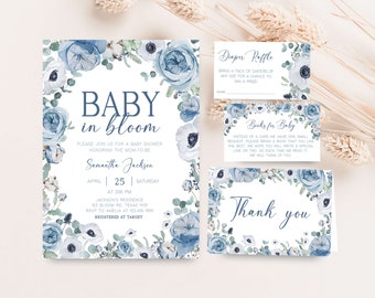 Editable Blue Baby in Bloom Baby Shower Invitation Bundle, Boy Spring Flowers Baby Shower Invite Set, Dusty Blue Wildflower Baby Shower 0710