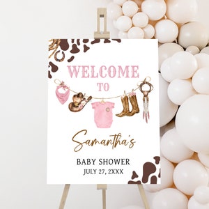 Bearbeitbares kleines Cowgirl-Babyparty-Willkommensschild, Mädchen-Baby-Kleidung-Babyparty-Willkommensplakat, rosa Western Rodeo-Babypartyschild, 0727