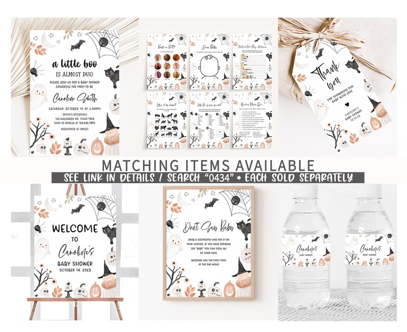 May include: A collection of Halloween-themed baby shower decorations. Includes invitations, games, thank you tags, welcome sign, and water bottle labels. Designs feature ghosts, pumpkins, bats, and the text "a little boo is almost due".