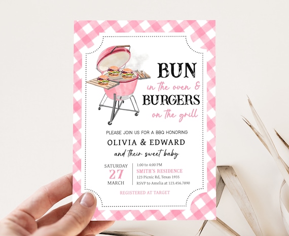 Editable Pink BBQ Baby Shower Invitation, Girl Baby-Q Baby Shower Invite, Bun In The Oven and Burger In The Grill Baby Shower Invite 0743