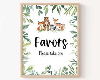 Woodland Baby Shower Favors Sign, Greenery Woodland Animals Favor Sign, Wild Forest Animals Baby Shower Decorations Printable Sign 0168