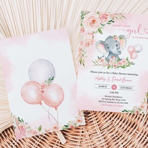 Invitación editable para fiesta de bienvenida al bebé con elefante rosa, Invitación para fiesta de bienvenida al bebé con globo de niña elefante, Plantilla de invitación para fiesta de bienvenida al bebé con niña de globo rosa, 0615 imagen 2