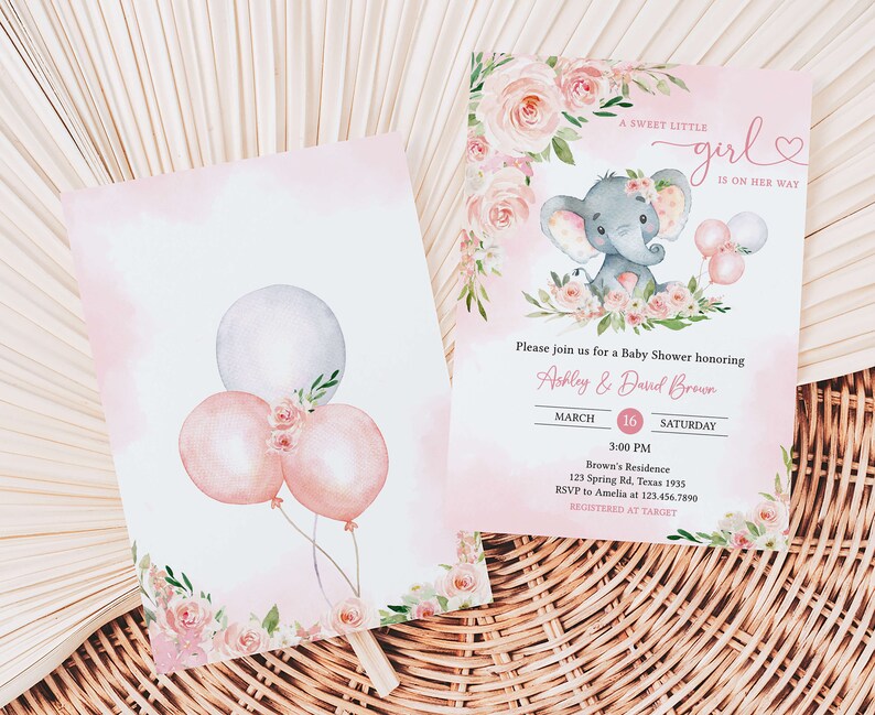 Invitación editable para fiesta de bienvenida al bebé con elefante rosa, Invitación para fiesta de bienvenida al bebé con globo de niña elefante, Plantilla de invitación para fiesta de bienvenida al bebé con niña de globo rosa, 0615 imagen 2