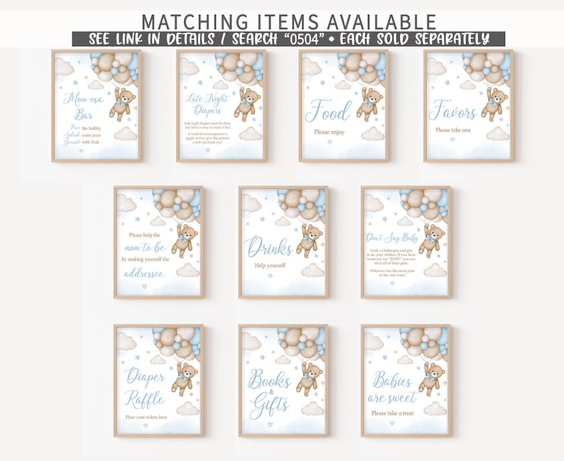 Pu&ograve; includere: Dieci cartelli stampabili per un baby shower con uno schema di colori blu e marrone. I cartelli presentano un orsacchiotto che tiene palloncini e testo come "Mom osa Bar", "Late Night Diapers", "Food", "Favors", "Please help the mom to be by making yourself the addressee", "Drinks", "Don't Say Baby", "Diaper Raffle", "Books & Gifts", e "Babies are sweet".