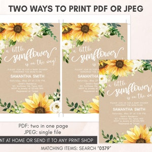 May include: Two printable baby shower invitations featuring a sunflower design with the text "a little sunflower is on the way!" and the name "Samantha Smith".
