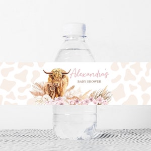 Étiquette modifiable de biberon de douche de bébé vache Highland vache rose, étiquette d'eau de douche de bébé vache sacrée rose, Stickers bouteille fille vache Highland Boho, 0509