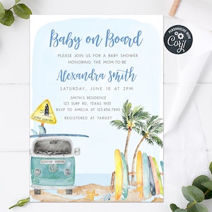Editable Baby on Board Baby Shower Invitation Surf Baby Shower Invite Summer Beach Baby Invitation Ocean Baby Shower Printable Template 0271