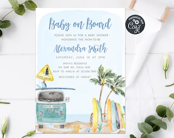 Invitación editable para baby shower de bebé a bordo, Invitación para baby shower de surf, Invitación para bebé en la playa de verano, Plantilla imprimible para baby shower en el océano 0271