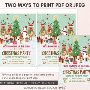 two christmas party flyers with reindeers and presents