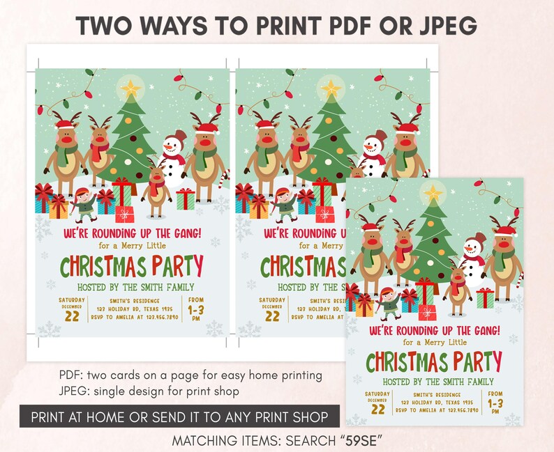 two christmas party flyers with reindeers and presents