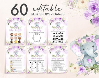 Bearbeitbares Mädchen-Elefant-Babypartyspiele-Bundle, Lila Blumenelefant-Babyparty-Spielpaket, Lila Elefant-Babypartyspiele-Set, 0326