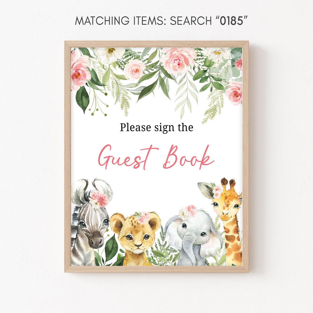 Jungle Baby Shower Guest Book Sign Girl Safari Animals Baby Shower