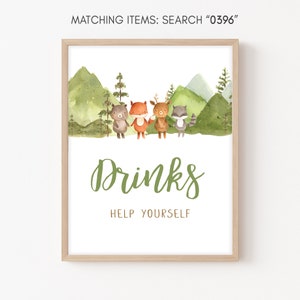 Let the Adventure Begin Woodland Baby Shower Drinks Sign, Forest Mountain Baby Shower Drinks Table Sign, Boy Woodland Animals Template 0396