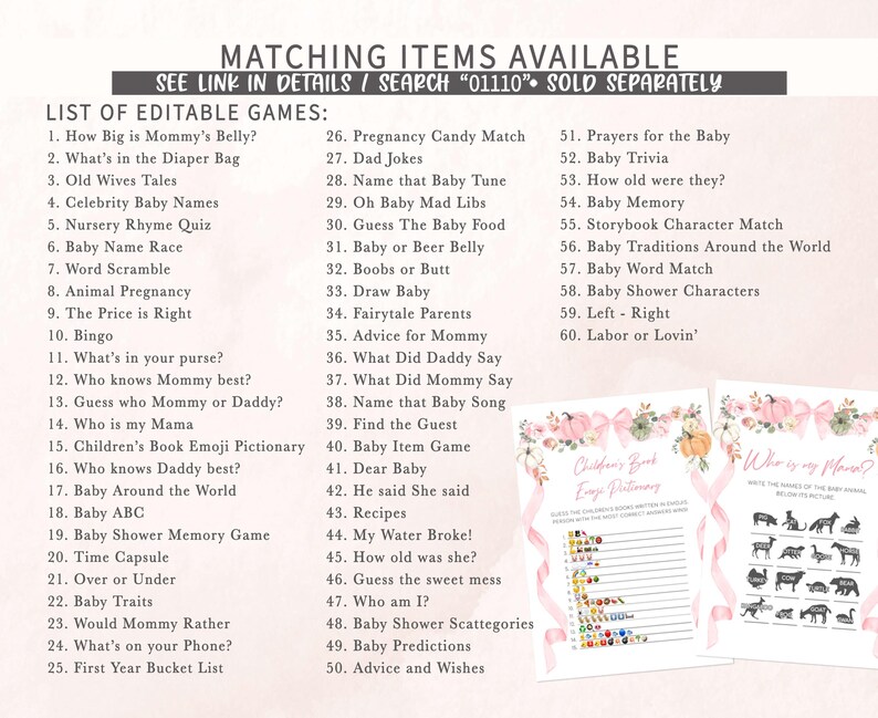 a baby shower game with a list of items