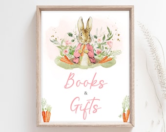 Pink Peter Rabbit Baby Shower Books and Gifts Sign, Peter Rabbit Girl Baby Shower Gifts Sign, A Little Bunny Spring Shower Table Signs, 0626