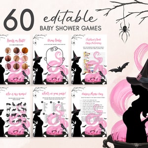 編集可能な「赤ちゃんが生まれてくる」ハロウィンベビーシャワーゲームバンドル、女の子向けハロウィンベビーシャワーゲームパック、魔女向けベビーシャワーゲームテンプレート 0444