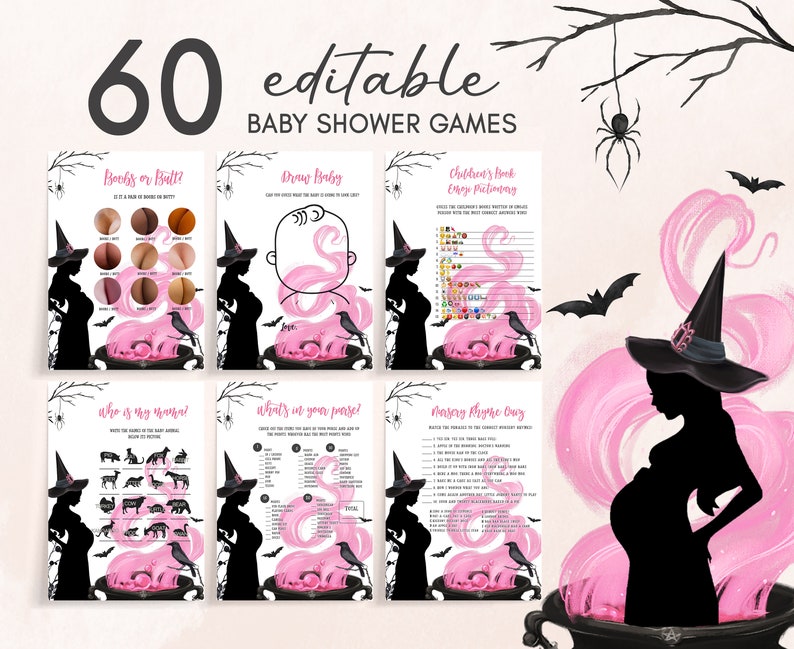 Modificabile Un bambino sta preparando un pacchetto di giochi per baby shower di Halloween, pacchetto di giochi per baby shower per ragazze, modello di giochi per baby shower di streghe 0444 immagine 1
