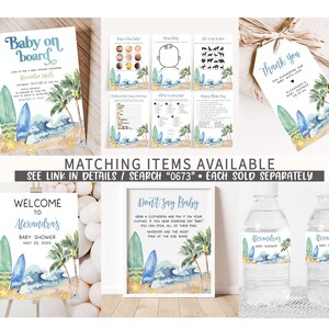 Op de afbeelding: Een set printbare babyborreldecoraties met een strandthema. De decoraties omvatten een welkomstbord, een "zeg niet baby"-spel, een bedankkaartje en etiketten voor waterflessen. De decoraties bevatten een aquarelillustratie van een surfboard, golven en palmbomen.