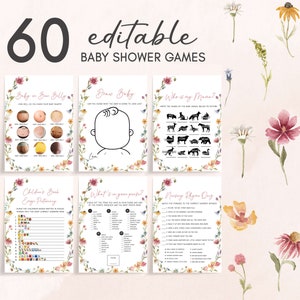 Editable Wildflower Baby Shower Games Bundle, Floral Boho Baby Shower Game Pack, A Little Wildflower Spring Baby Shower Games Template, 0630 image 1