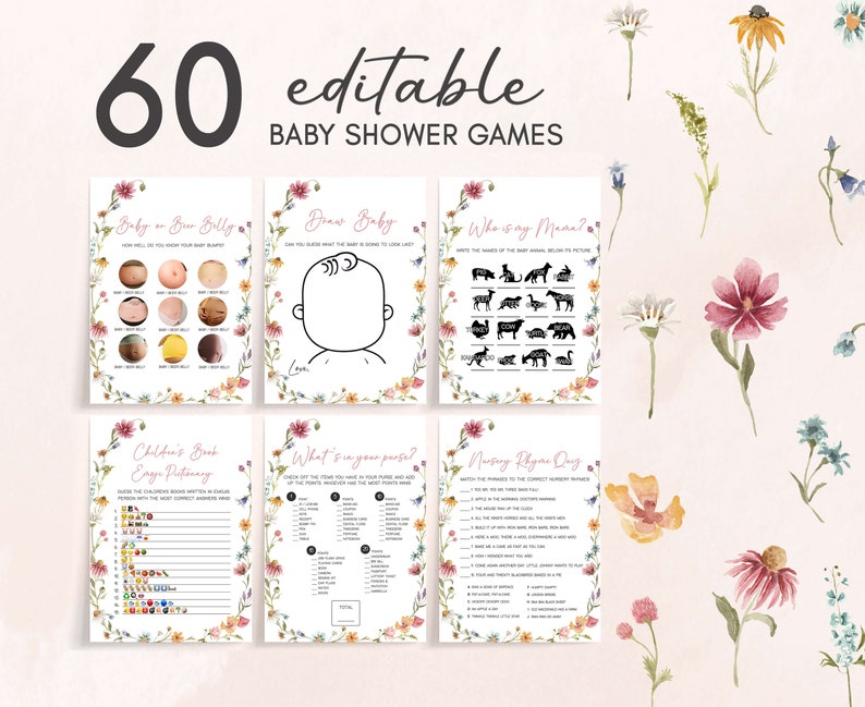 Editable Wildflower Baby Shower Games Bundle, Floral Boho Baby Shower Game Pack, A Little Wildflower Spring Baby Shower Games Template, 0630 image 1