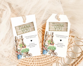 Bearbeitbarer rustikaler, lokal gewachsener Babypartybevorzugungsanhänger, Bauernmarkt-Babypartygeschenkanhänger, geschlechtsneutrale Bio-Garten-Babyparty, 01114